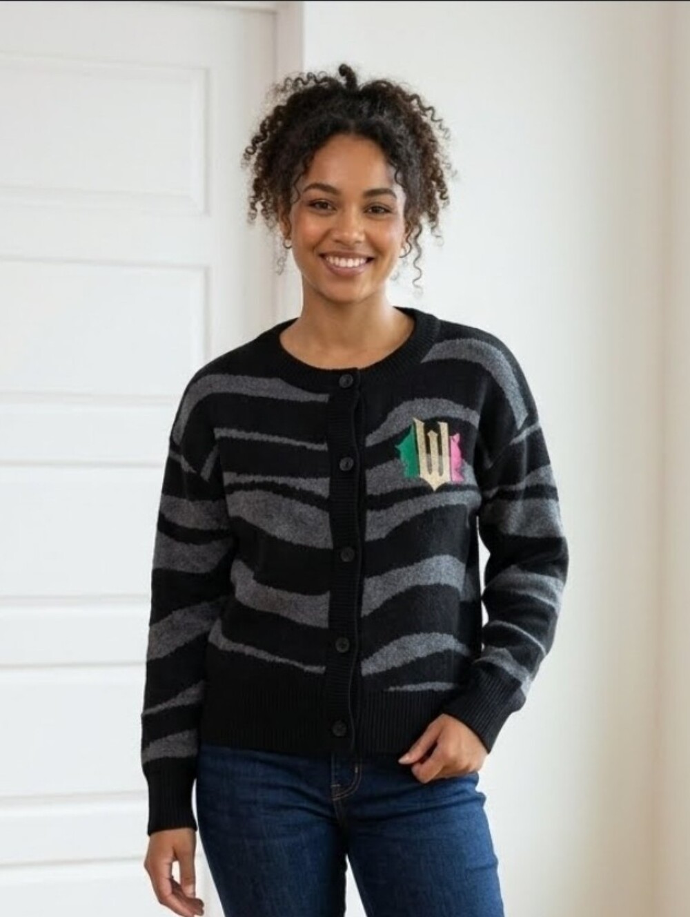Wicked Black & Gray Striped Button Cardigan with Colorful Crest
